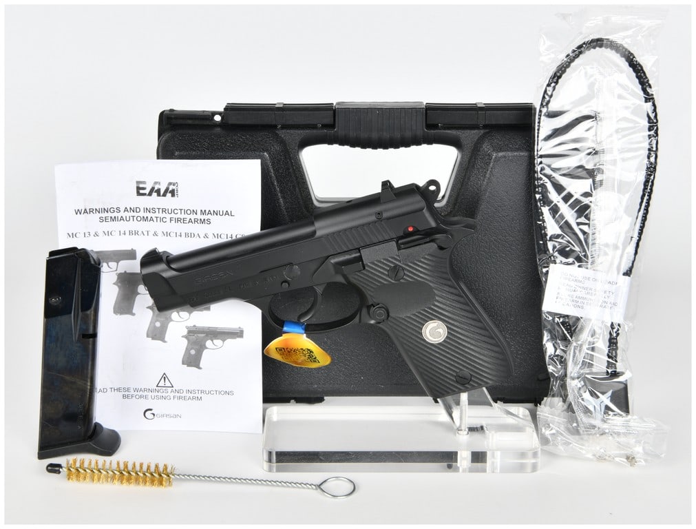 Girsan MC14 G84 .380 ACP Semi-Automatic Pistol Kit, Brand New in Case, Modern Production: A modern production Girsan MC14 G84 semi-automatic pistol chambered in .380 ACP. This example features a deep black finish on the slide and frame, complemented by black polymer textured grips inlaid w