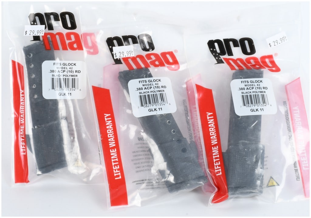 A Trio of ProMag GLK 11 Magazines for Glock 42 .380 ACP: A trio of ProMag GLK 11 magazines manufactured for use with the Glock Model 42 chambered in .380 ACP. Each magazine is constructed of black polymer and features a 10-round capacity. The magazines are