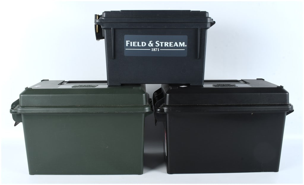 MTM Case-Gard and Field & Stream Polymer .50 Caliber Style Ammo Cans, Lot of 3, Contemporary: A lot of three modern polymer utility or ammunition storage containers designed to mimic the dimensions of standard military .50 caliber ammo cans. The containers are constructed of durable, molded pl