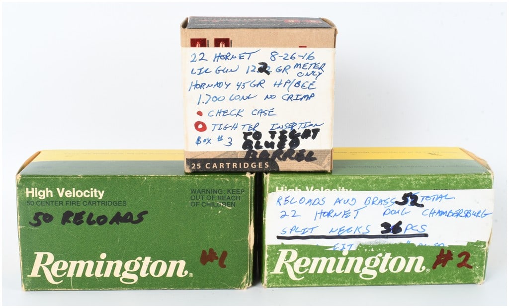 A Collection of 107 Rounds of .22 Hornet Reloaded Ammunition and Brass Casings (1 of 5)