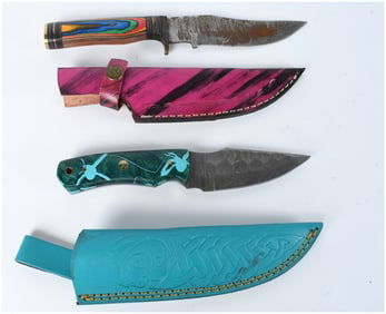 Two Damascus Steel Fixed Blade Hunting Knives with Leather Sheaths