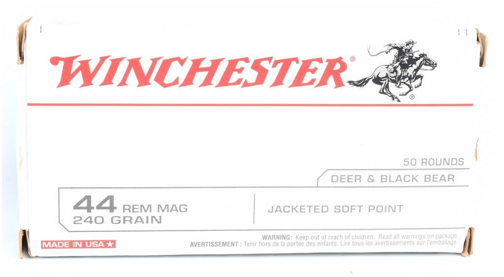 Winchester White Box .44 Remington Magnum 240 Grain Ammunition, Factory Sealed Box: Lot of 50 live metallic centerfire cartridges manufactured by Winchester. This ammunition is the popular "White Box" USA line, chambered in the powerful .44 Remington Magnum caliber. Each cartridge fe