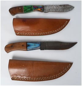 A Pair of Custom Handmade Damascus Steel Fixed Blade Knives with Leather Sheaths