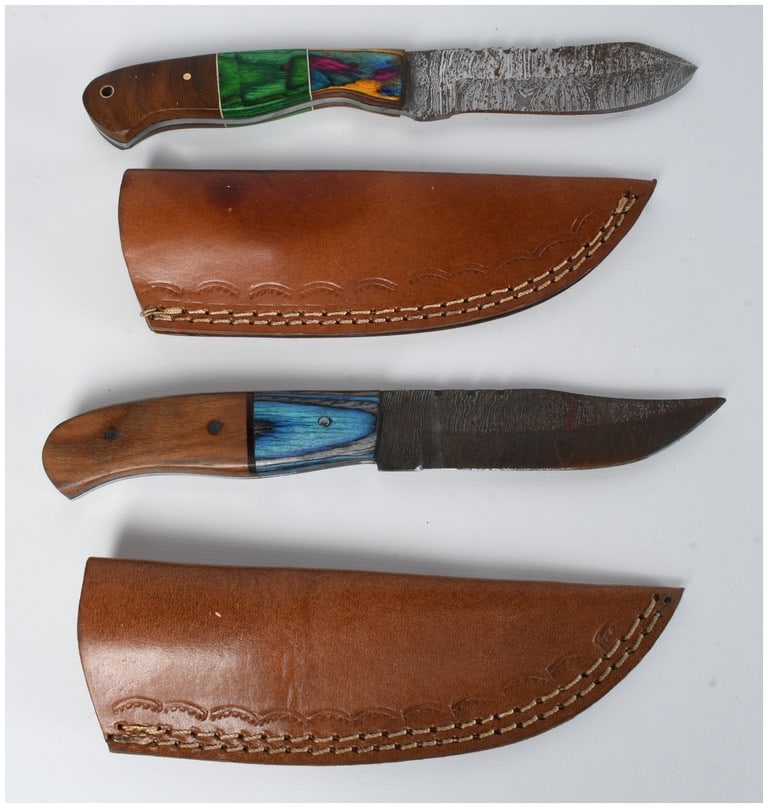 A Pair of Custom Handmade Damascus Steel Fixed Blade Knives with Leather Sheaths (1 of 5)