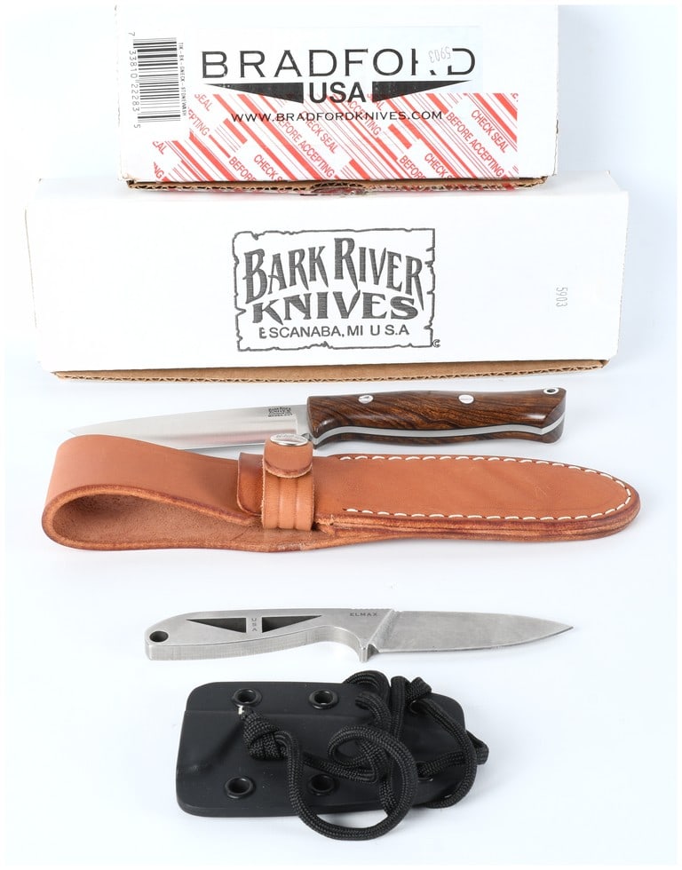 Bark River and Bradford Premium Fixed Blade Knife Lot (2), MagnaCut and Desert Ironwood, Modern: A two-piece lot of premium, high-performance fixed-blade knives manufactured in the United States, dating to the contemporary period (c. 2020s). The first knife is a Bark River fixed blade featuring a