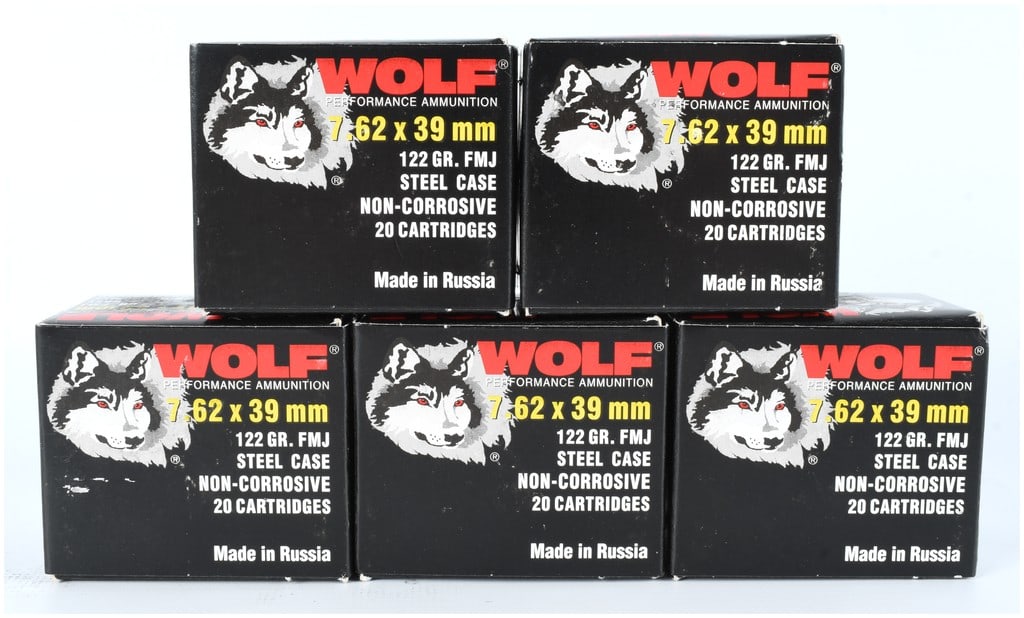 Wolf Performance Ammunition 7.62 x 39 mm 122 Grain FMJ Steel Case Modern Production: Manufacturer: Wolf Performance Ammunition. This lot consists of five original factory boxes, each containing 20 cartridges, totaling 100 rounds of 7.62 x 39 mm ammunition. The ammunition is specified