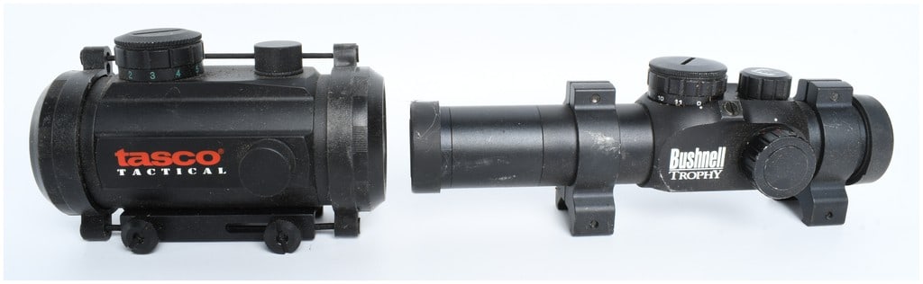 Two Firearm Optics Comprising a Tasco ProPoint Tactical Red Dot Sight and a Bushnell Trophy 1x28 (1 of 7)