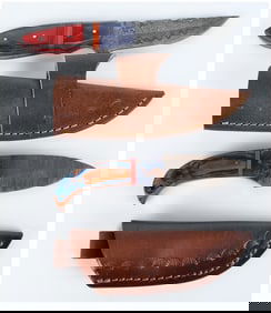 Two Handmade Damascus Steel Fixed-Blade Knives with Leather Sheaths