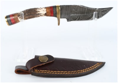 A Stag Handle Damascus Steel Hunting Knife
