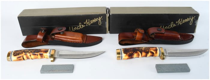A Pair of Schrade Uncle Henry 153UH Golden Spike Fixed-Blade Hunting Knives