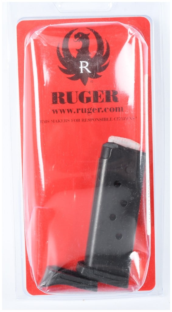 Ruger LCP .380 ACP 6-Round Extended Magazine: A Ruger LCP .380 ACP 6-round extended magazine. The magazine is constructed of blued steel with a black polymer baseplate and is designed for use with the Ruger LCP model pistol. It features an