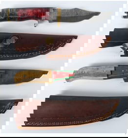 Two Damascus Steel Fixed Blade Knives with Leather Sheaths