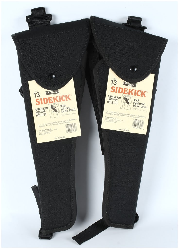 Uncle Mike's Sidekick Size 13 Bandolier Hunting Holster Pair, RH and LH, c. 1986: This lot features a pair of two Uncle Mike's Sidekick Size 13 Bandolier Hunting Holsters produced by Michaels of Oregon. The set includes one right-hand model (Set No. 9313-1) and one left-hand model