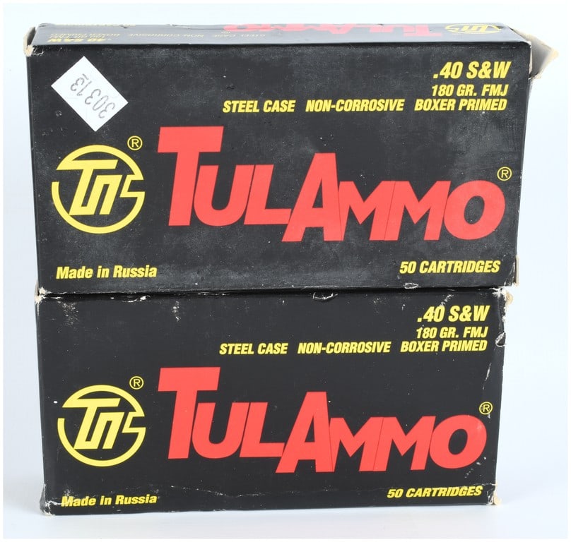 TulAmmo .40 S&W 180 Grain FMJ Steel Case Ammunition, 100 Rounds, Circa 2010-2020: This lot features 100 rounds of .40 S&W caliber ammunition produced by the Tula Cartridge Works in Russia under the TulAmmo brand. The ammunition is categorized under Firearms/Accessories/Ammunition.