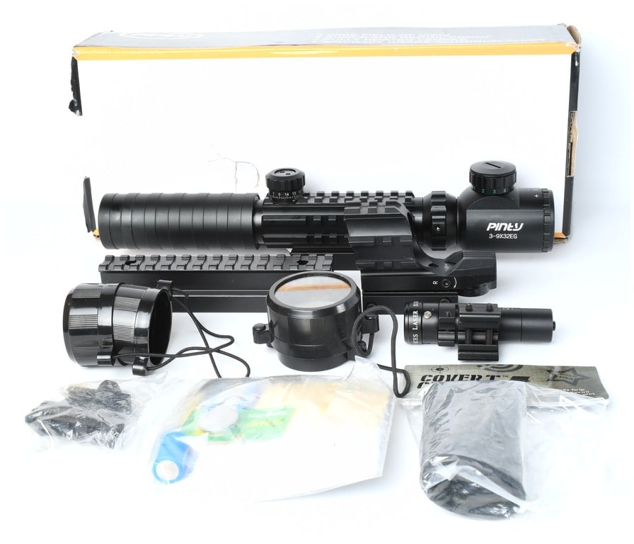 Pinty 3-9X32EG Tactical Riflescope Combo Kit with Laser Sight, Modern: A comprehensive tactical sighting system kit manufactured by Pinty, likely dating to the modern era (21st century). The primary component is the Pinty 3-9X32EG riflescope, constructed from aircraft