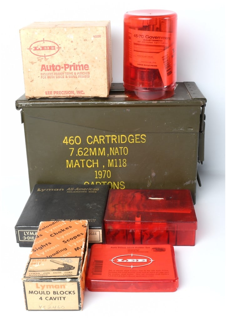 Lee Precision and Lyman Reloading Equipment Collection with 1970 US Military 7.62mm NATO Match: This comprehensive collection of vintage reloading equipment and military surplus includes a US Military olive drab metal ammunition can stenciled for 460 cartridges of 7.62mm NATO Match M118, dated