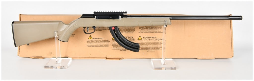Savage Arms A22 FV FDE XP Semi-Automatic Rifle, .22LR, Modern Production: A modern semi-automatic rimfire rifle manufactured by Savage Arms (Canada) Inc. and imported by Savage Arms Inc. of Westfield, Massachusetts. This is the Model A22 FV FDE XP, catalog number 47210,