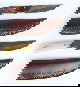 Two Handmade Damascus Steel Fixed-Blade Hunting Knives with Leather Sheaths