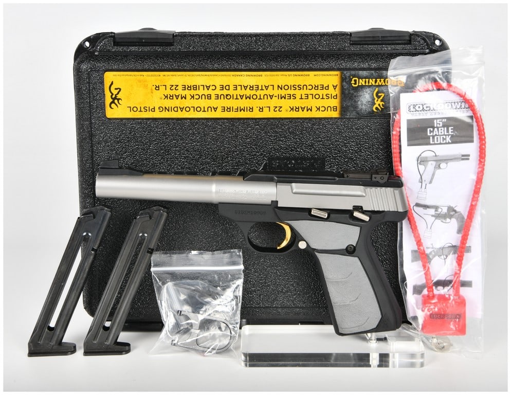 Browning Buck Mark .22 L.R. Semi-Automatic Pistol with Two-Tone Finish and Accessories, 2014: This lot features a Browning Buck Mark semi-automatic rimfire pistol chambered in .22 Long Rifle. Manufactured in 2014, as indicated by the ZW date code, this handgun showcases a two-tone aesthetic wi