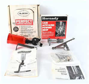 Lee and Hornady Ammunition Reloading Equipment, Powder Measure and Case Activated Drop, Circa