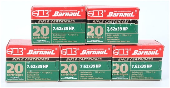 Barnaul 7.62x39mm HP Ammunition Lot, 123 Grain Steel Case, Modern Production