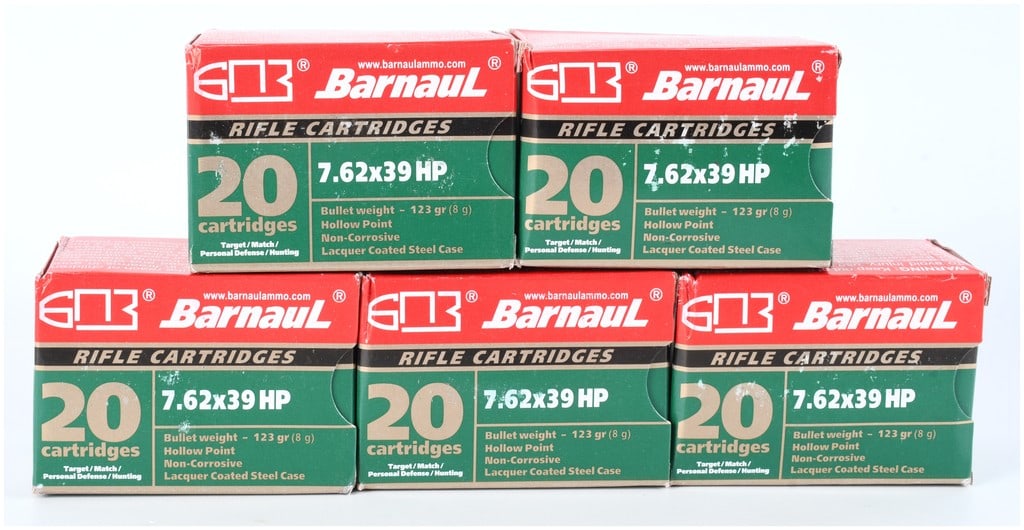 Barnaul 7.62x39mm HP Ammunition Lot, 123 Grain Steel Case, Modern Production: A lot consisting of five factory-sealed boxes of Barnaul Rifle Cartridges, totaling 100 rounds of 7.62x39mm Hollow Point (HP) ammunition. Manufactured by the JSC Barnaul Cartridge Plant located in
