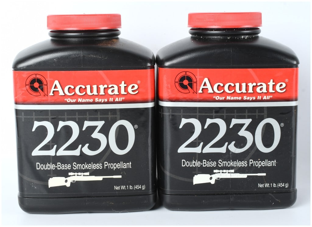 Accurate Brand 2230 Double-Base Smokeless Rifle Propellant, Two 1 lb. Containers, Circa 2009-2016: This lot consists of two 1 lb. containers of Accurate 2230 Double-Base Smokeless Propellant. Manufactured by the Accurate brand, this spherical rifle powder is a fast-burning propellant designed