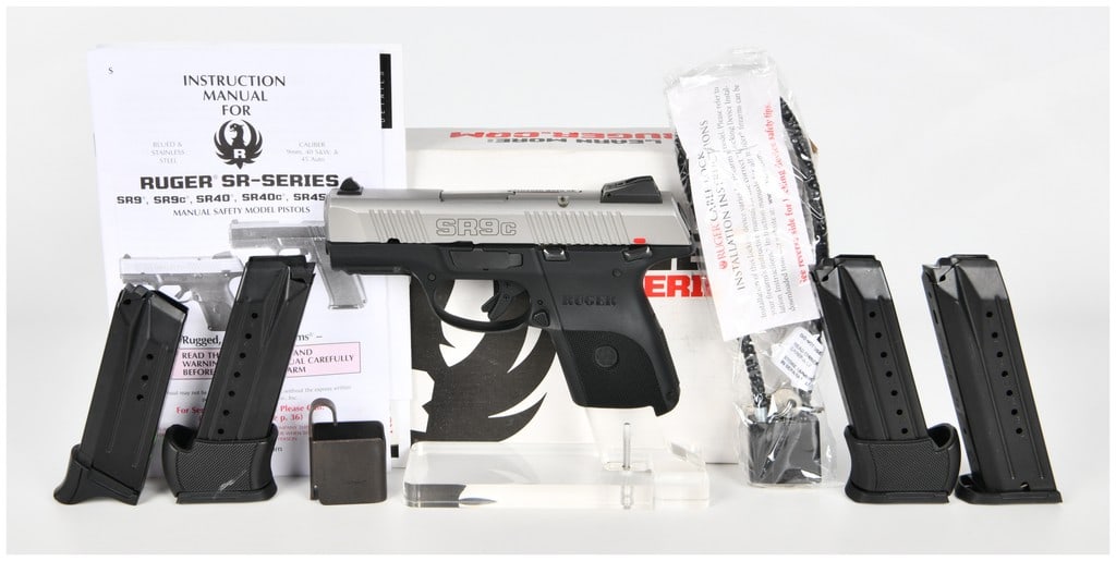 Ruger SR9c 9mm Semi-Automatic Pistol with Four Magazines and Original Box, circa 2010-2015: This lot features a Ruger SR9c striker-fired semi-automatic pistol chambered in 9mm Luger. Manufactured by Sturm, Ruger and Co. in Prescott, Arizona, this compact firearm is constructed with a