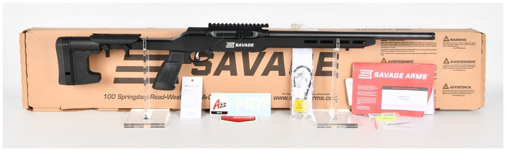 Savage Arms A22 Precision Semi-Automatic Rifle .22LR Modern: A modern Savage Arms Model A22 Precision semi-automatic rifle chambered in .22 Long Rifle (.22LR). This rifle is designed for precision rimfire shooting, featuring a heavy profile barrel capped with a