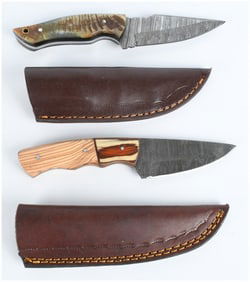 Two Damascus Steel Fixed-Blade Knives with Leather Sheaths