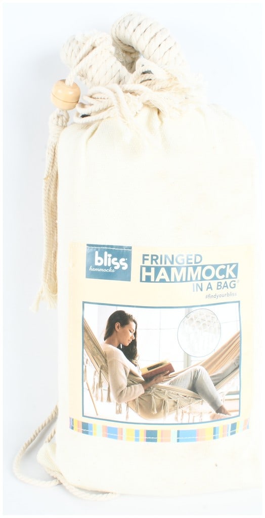 Bliss Hammocks Fringed Hammock in a Bag: A contemporary Bliss Hammocks Fringed Hammock in a Bag, model BH-400WFRca. This Brazilian-style hammock is constructed from a textile blend consisting of 59 percent polyester, 29 percent cotton, 9 per