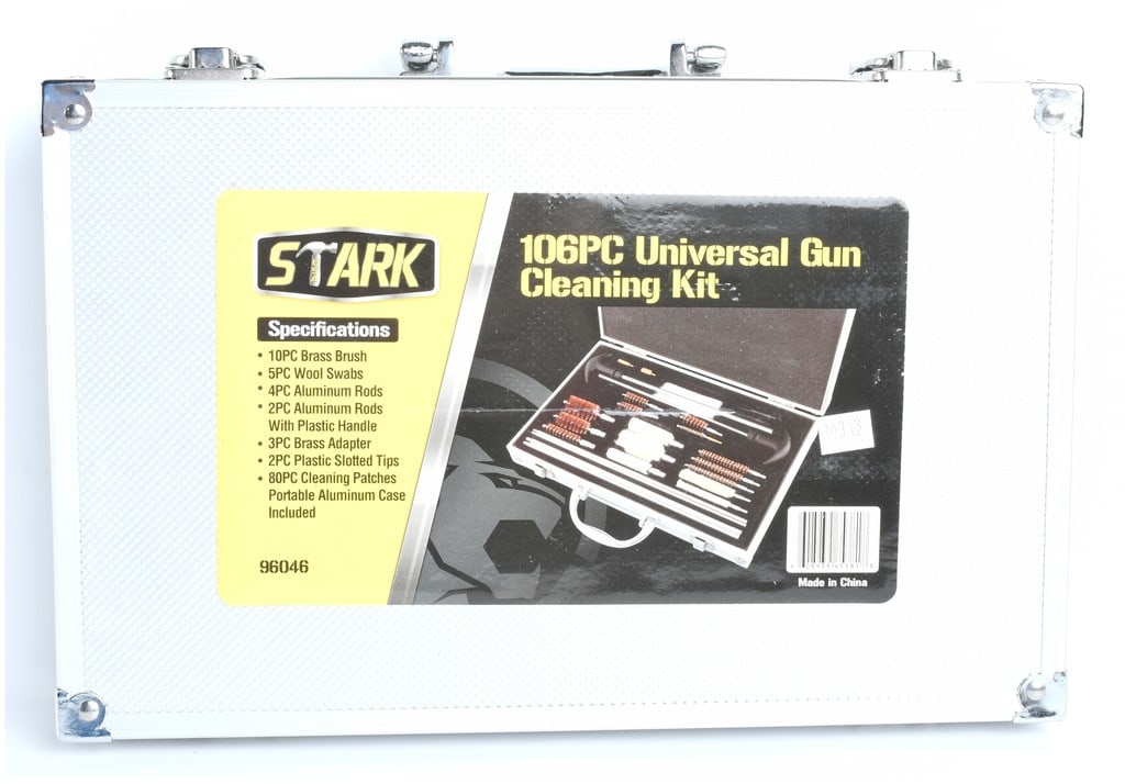 STARK 106-Piece Universal Gun Cleaning Kit Model 96046 in Aluminum Case Modern: STARK brand universal firearm maintenance kit, model number 96046. This comprehensive set is advertised as 106 pieces, designed for cleaning a wide range of rifle, shotgun, and pistol calibers. The ki