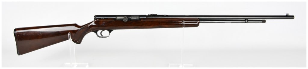 Stevens Model 87A Semi-Automatic .22 Caliber Rifle with Synthetic Stock, Circa 1940s-1960s: A classic Stevens Model 87A semi-automatic rifle manufactured by Savage Arms Corporation in Chicopee Falls, Massachusetts, U.S.A. This rifle is chambered for .22 Short, Long, or Long Rifle