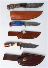 Three Handmade Damascus Steel Hunting Knives with Leather Sheaths