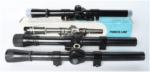 Three Vintage Rifle Scopes including Power Line 4x15 and Weaver Marksman Models
