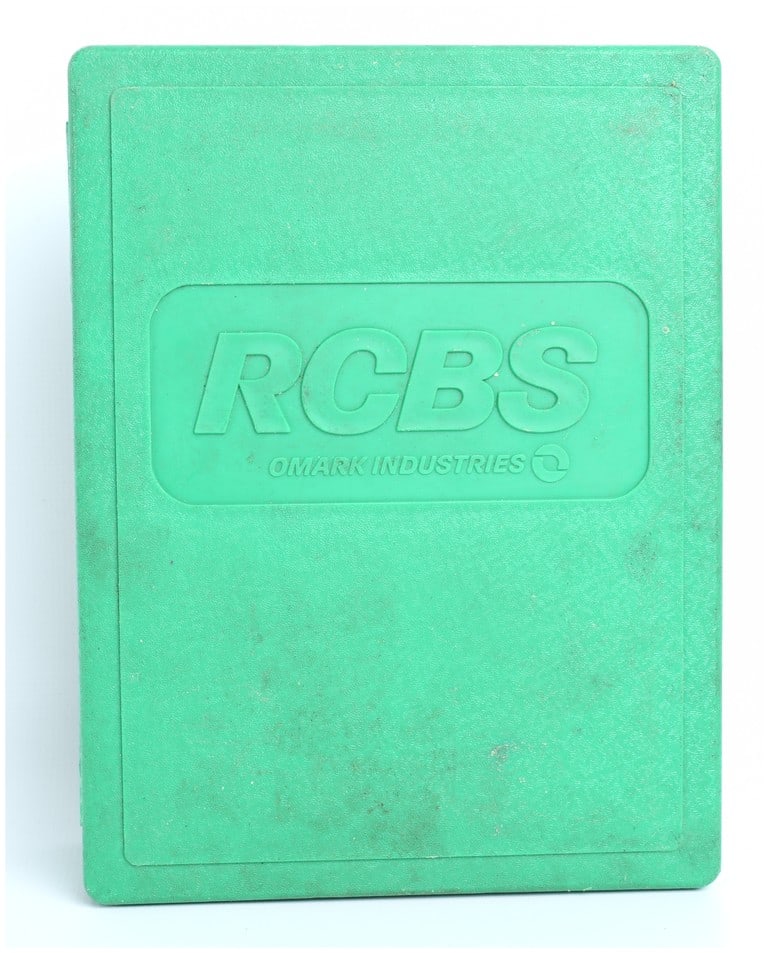 RCBS Omark Industries Combo Die Set .38 Special/.357 Magnum Reloading Dies 1970s-1980s: A vintage RCBS reloading die set housed in its original hinged green plastic storage case. The case lid is embossed with the branding "RCBS" and "OMARK INDUSTRIES," dating this set to the period when