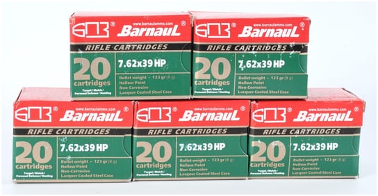 Barnaul 7.62x39mm 123 Grain Hollow Point Ammunition, 100 Rounds, Modern