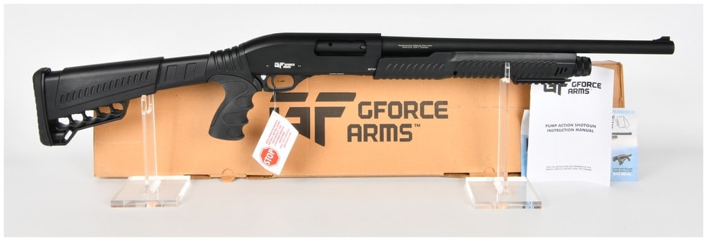 Gforce Arms GF2P Pump Action Shotgun, Brand New in Box, 12 GA, Modern: This is a modern Gforce Arms Model GF2P pump action shotgun, chambered in 12 Gauge with 3-inch chambers. The firearm features a tactical black finish on the receiver and barrel, complemented by black