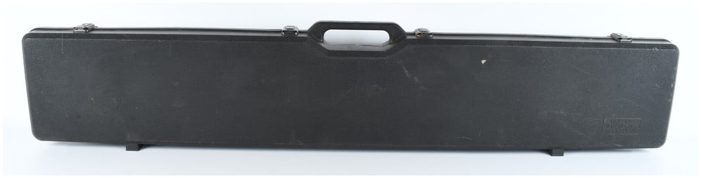 Hoppe's Protecto Hard-Shell Long Gun Case: A Hoppe's Protecto hard-shell long gun case constructed from black textured molded plastic. The exterior features an integrated carrying handle and is embossed with the HOPPE'S PROTECTO CASES logo in
