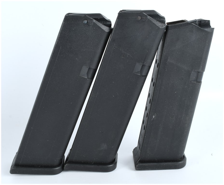 GLOCK Factory .40 S&W Caliber Polymer Magazines, Lot of Three, Mixed Capacities: This lot consists of three (3) original factory firearms magazines manufactured by GLOCK, Austria. All three magazines are designed for the .40 S&W caliber, as indicated by the prominent ".40" marking