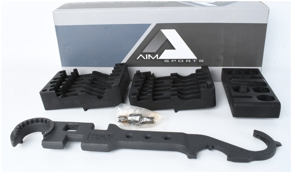 A Set of Aim Sports AR Armorer's Tools: An Aim Sports AR Armorer's Kit, model ATARAK, comprising a collection of tools designed for firearm maintenance and assembly. The set includes a heavy-duty, multi-function black metal armorer's