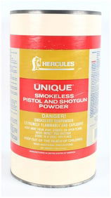 Hercules UNIQUE Smokeless Pistol and Shotgun Powder 4 lb Canister, Mid-20th Century