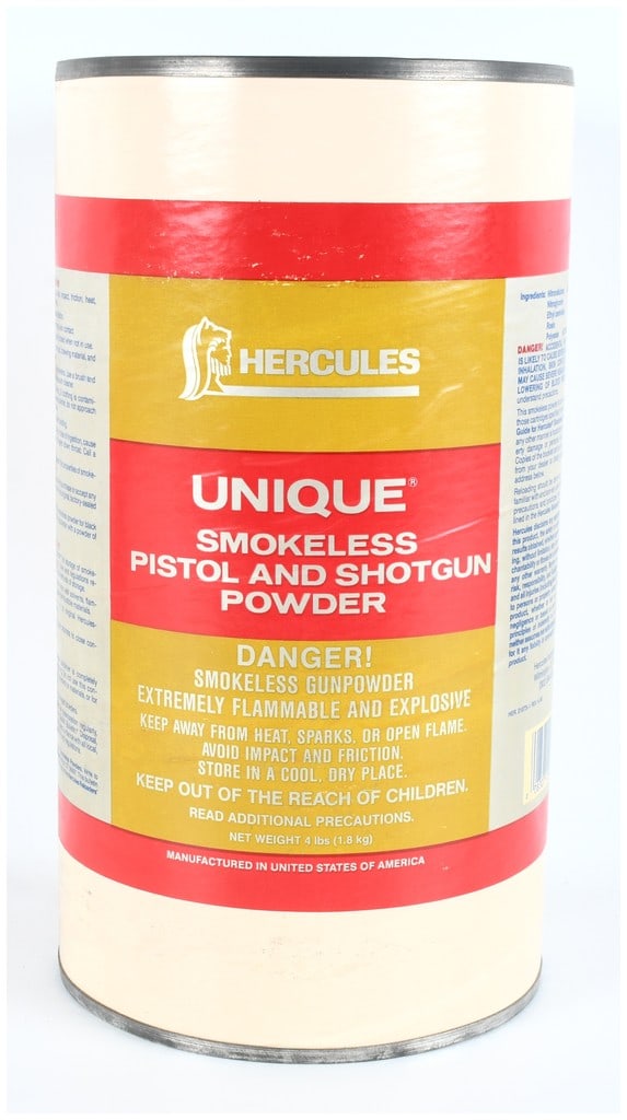 Hercules UNIQUE Smokeless Pistol and Shotgun Powder 4 lb Canister, Mid-20th Century: Vintage 4 lb (1.8 kg) canister of Hercules "UNIQUE" Smokeless Powder, a highly recognizable staple in the history of American reloading. Manufactured by Hercules, Inc., the canister is constructed of