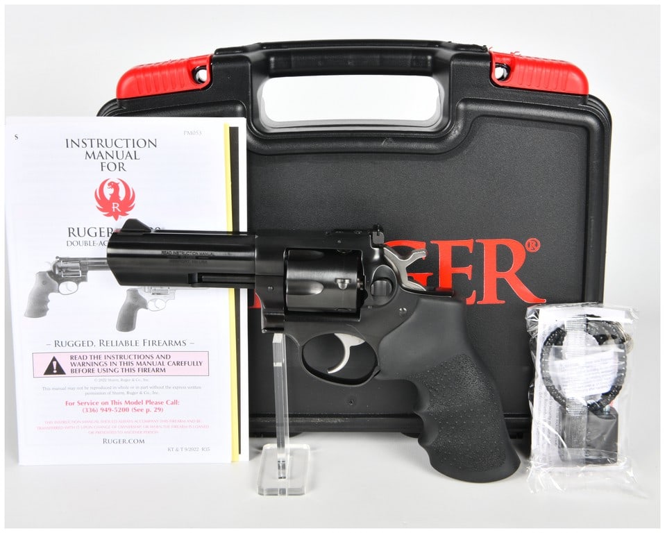 Ruger GP100 .357 Magnum Double-Action Revolver with Original Case, c. 2022: A Sturm, Ruger and Co. GP100 double-action revolver chambered in .357 Magnum. This robust firearm features a 4.2-inch barrel with a polished blued steel finish and is fitted with black textured