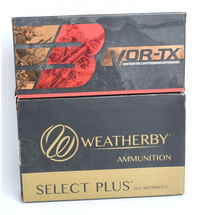 Barnes VOR-TX and Weatherby Select Plus Premium Centerfire Ammunition Lot (34 Cartridges): A lot consisting of 34 total centerfire rifle cartridges from two premium manufacturers, Barnes and Weatherby. The lot includes two distinct calibers and projectile types. The first type is Barnes