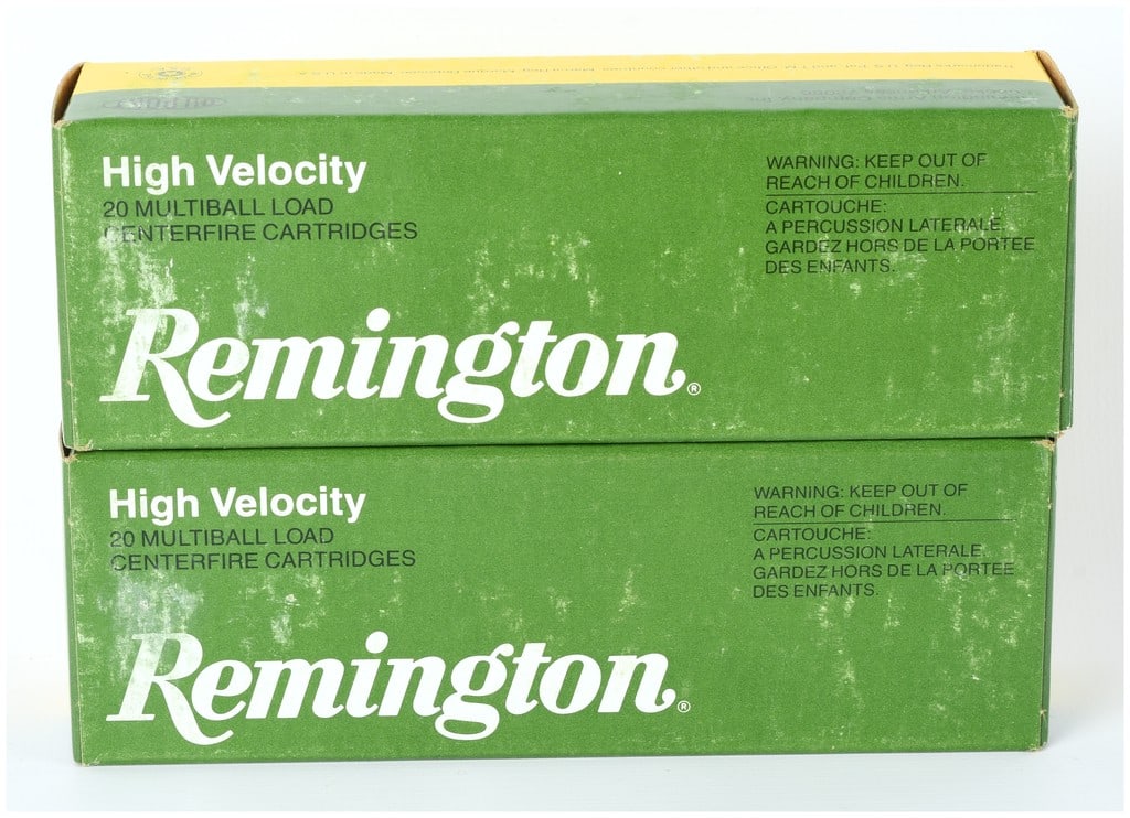 Remington .357 Magnum High Velocity Multiball Load Ammunition R357MB: A highly collectible lot of forty (40) rounds of Remington High Velocity .357 Magnum centerfire ammunition, packaged in two original, stacked green and yellow cardboard boxes. This specialized load