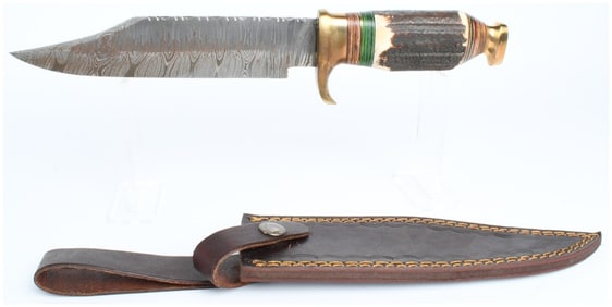A Damascus Steel Bowie Hunting Knife