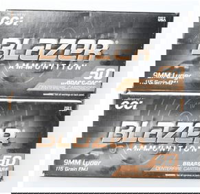 100 Rounds of CCI Blazer Brass 9mm Luger Ammunition
