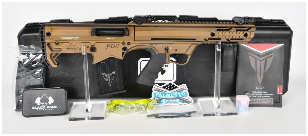 Black Aces Tactical FD12 Semi-Automatic Bullpup Shotgun, FDE Finish, Modern: A modern, magazine-fed, semi-automatic bullpup shotgun, the FD12, manufactured by Black Aces Tactical of Longwood, FL, USA, and imported from Hunt Group, Turkey. The firearm features a striking two-to