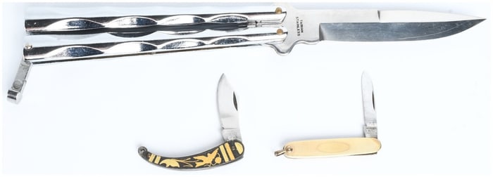 A Trio of Vintage Folding Knives including a Balisong Butterfly Knife